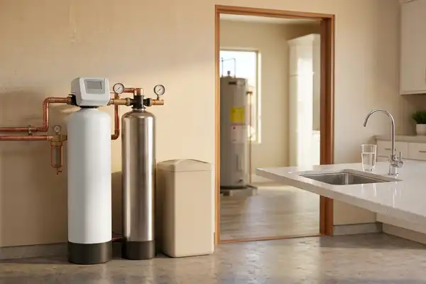 Whole-home filtration combo unit in a Henderson NV utility area, with a kitchen reverse osmosis faucet visible through the doorway