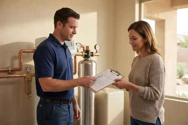 Water softener technician reviewing a written cost estimate with a homeowner in a Henderson NV home, installed softener system in the background