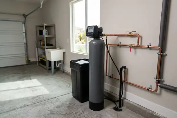 Water softener system installed in Henderson NV home. Salt-based ion exchange unit with brine tank and bypass valve