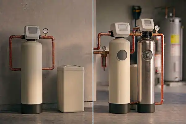 Standalone water softener on the left next to a whole-home softener-plus-carbon-filtration combo unit on the right, side by side
